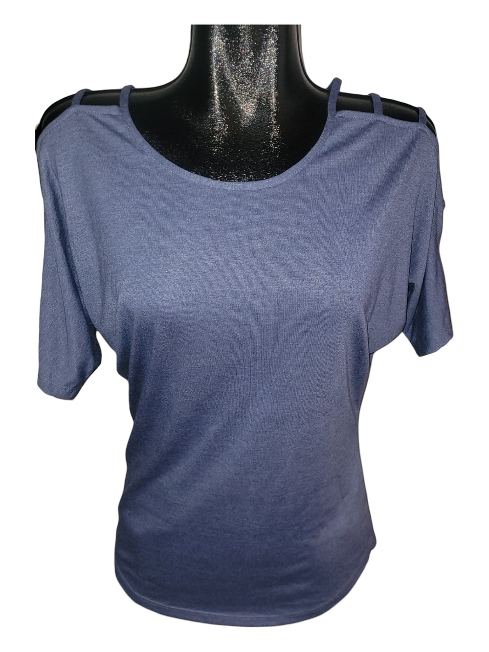 Suzy Shier Women's Cold-Shoulder Short Dolman Sleeve Tee In Slate Blue NWT XS